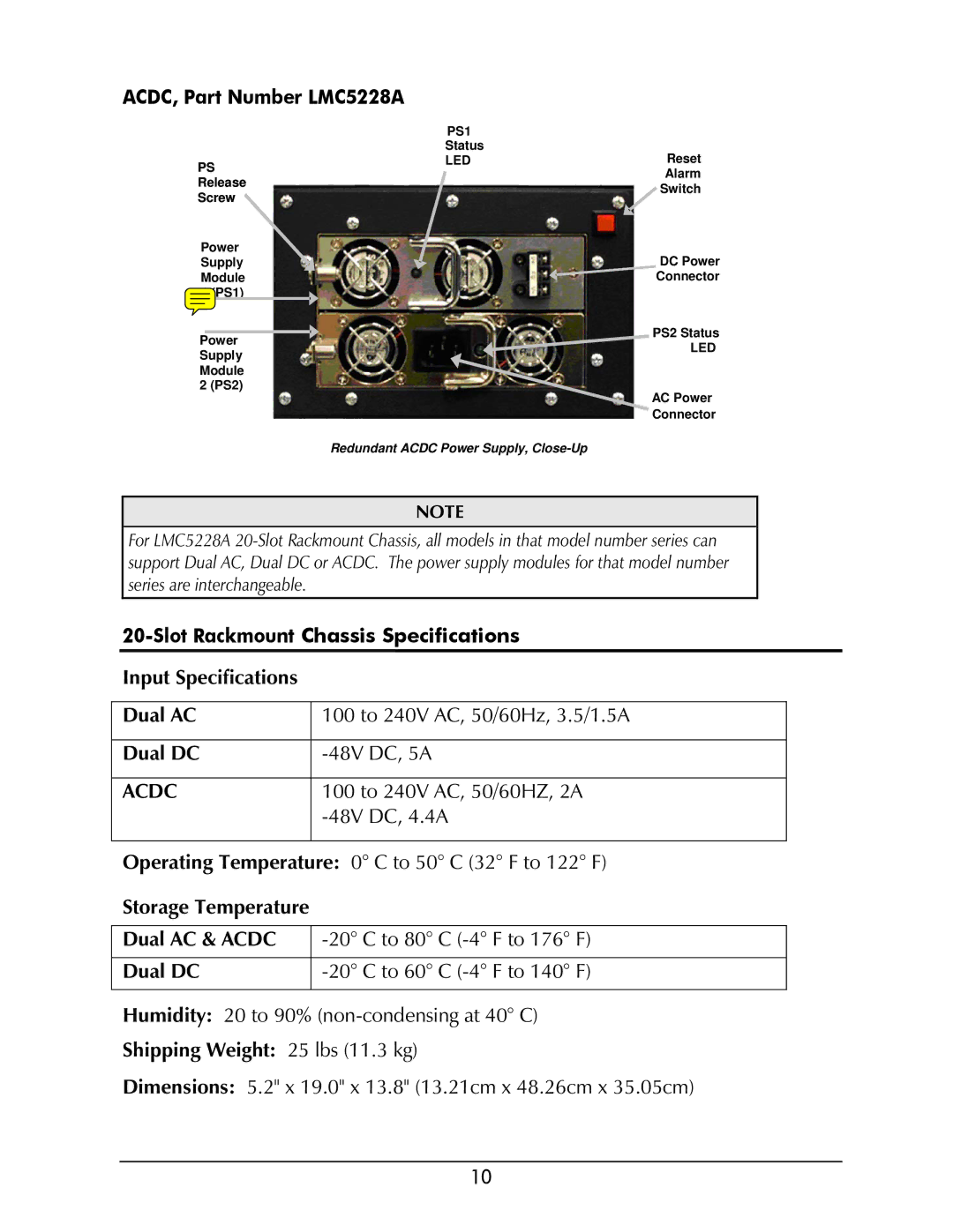 Black Box LMC5206A, LMC5208A-R2, LMC5207A-R2, LMC5235A ACDC, Part Number LMC5228A, Slot Rackmount Chassis Specifications 