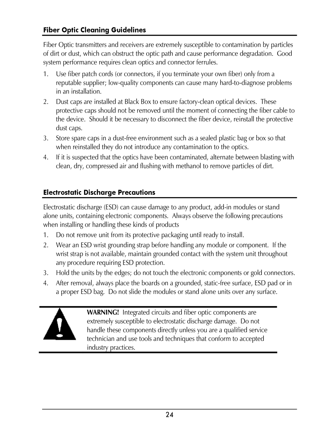 Black Box LMC5206A, LMC5208A-R2, LMC5207A-R2, LMC5235A Fiber Optic Cleaning Guidelines, Electrostatic Discharge Precautions 