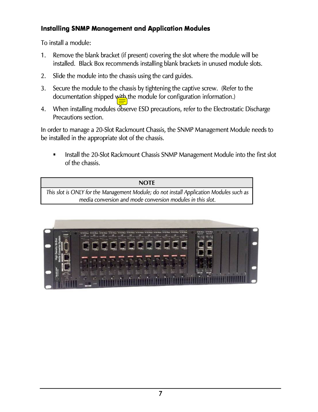 Black Box Black Box High-Density Media Converter System II, LMC5208A-R2 Installing SNMP Management and Application Modules 