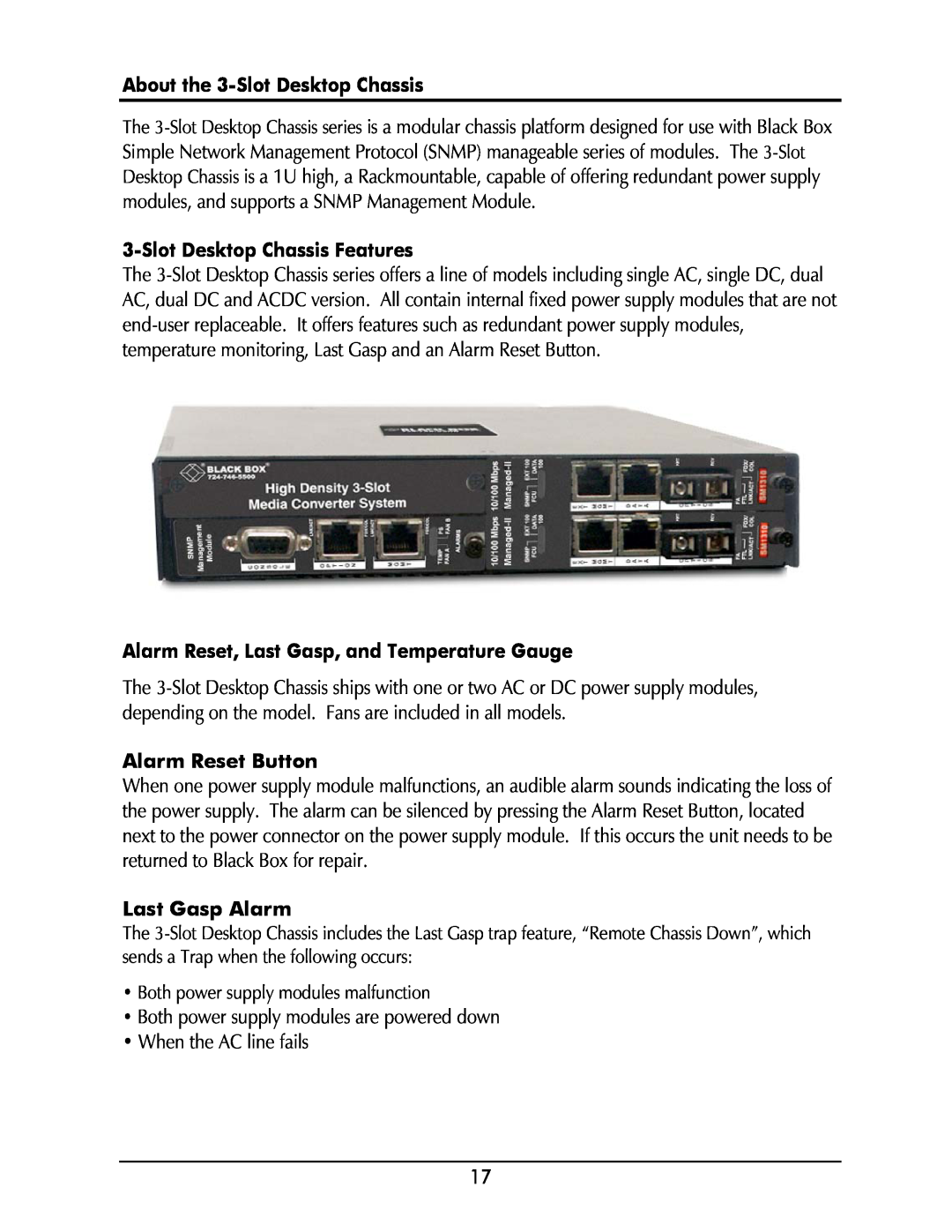Black Box LMC5236A About the 3-Slot Desktop Chassis, Slot Desktop Chassis Features, Alarm Reset Button, Last Gasp Alarm 