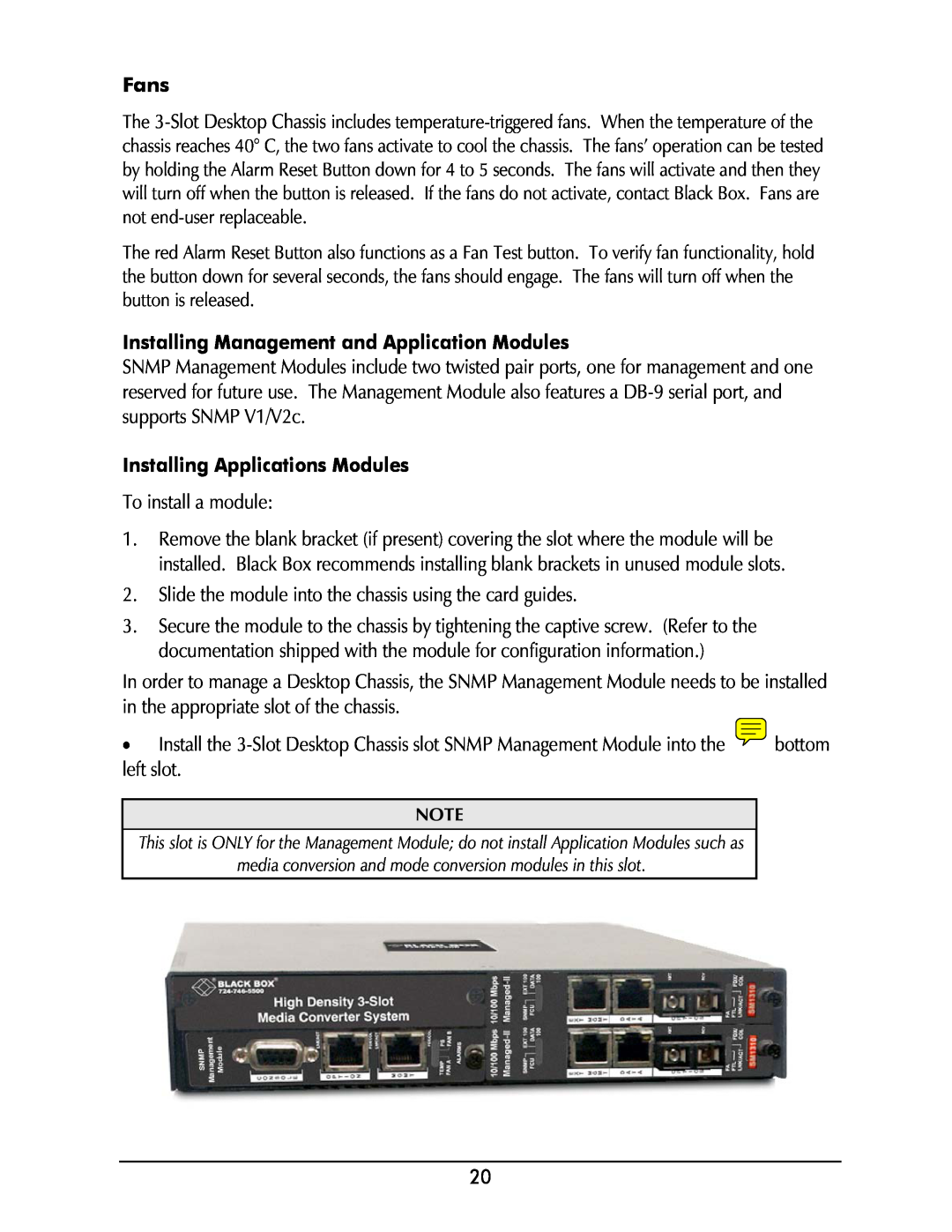 Black Box LMC5203A, LMC5208A-R2 manual Fans, Installing Management and Application Modules, Installing Applications Modules 