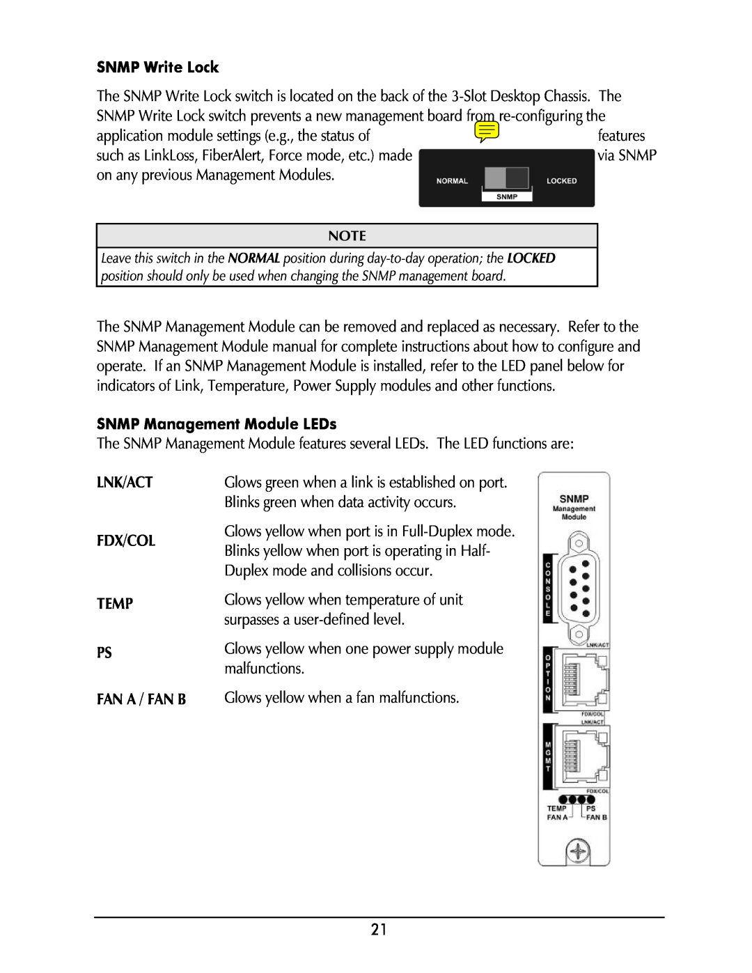 Black Box Black Box High-Density Media Converter System II manual Lnk/Act, Fdx/Col Temp Ps Fan A / Fan B, SNMP Write Lock 
