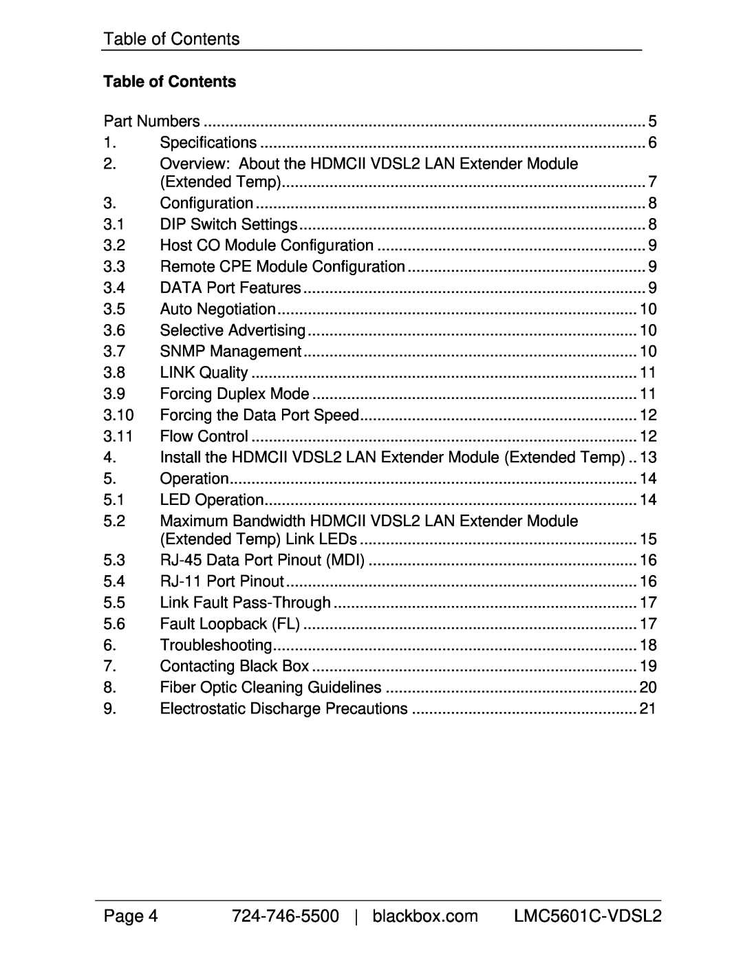 Black Box LMC5601C-VDSL2 manual Table of Contents, Page, 724-746-5500| blackbox.com 