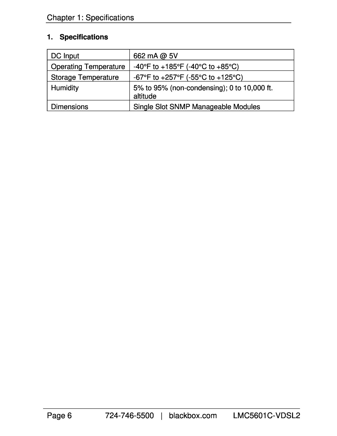 Black Box LMC5601C-VDSL2 manual Specifications, Page, 724-746-5500| blackbox.com 