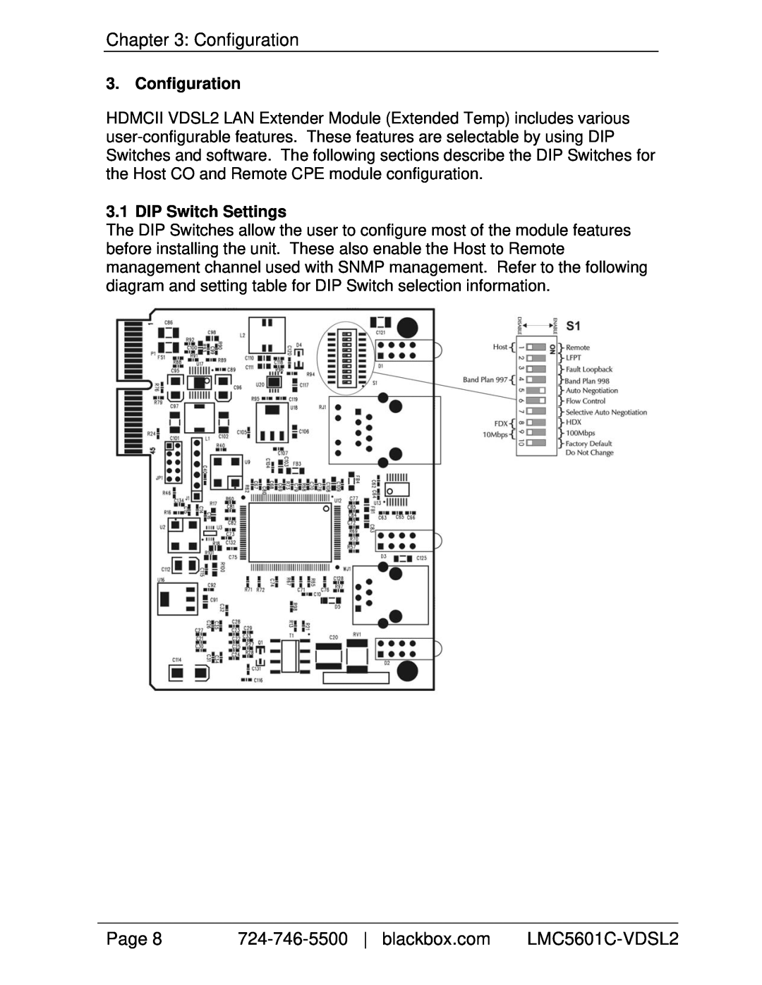 Black Box LMC5601C-VDSL2 manual Configuration, Page, blackbox.com, DIP Switch Settings 