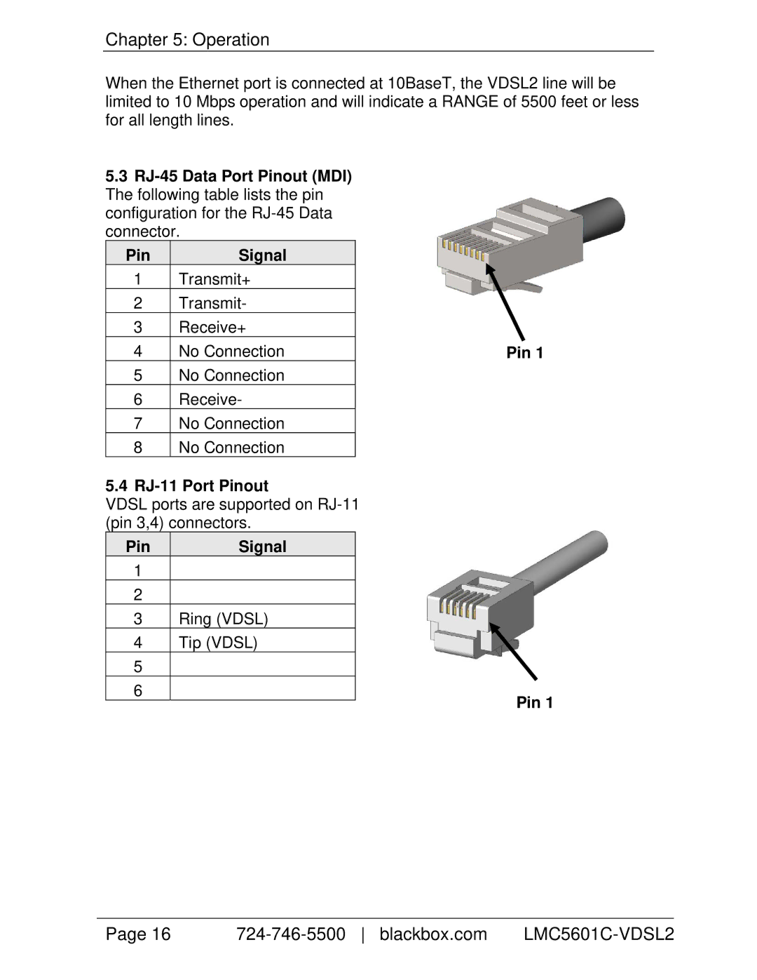 Black Box LMC5601C-VDSL2, HDMCII VDSL2 LAN Extender Module (Extended Temp) manual RJ-11 Port Pinout, Pin Signal 