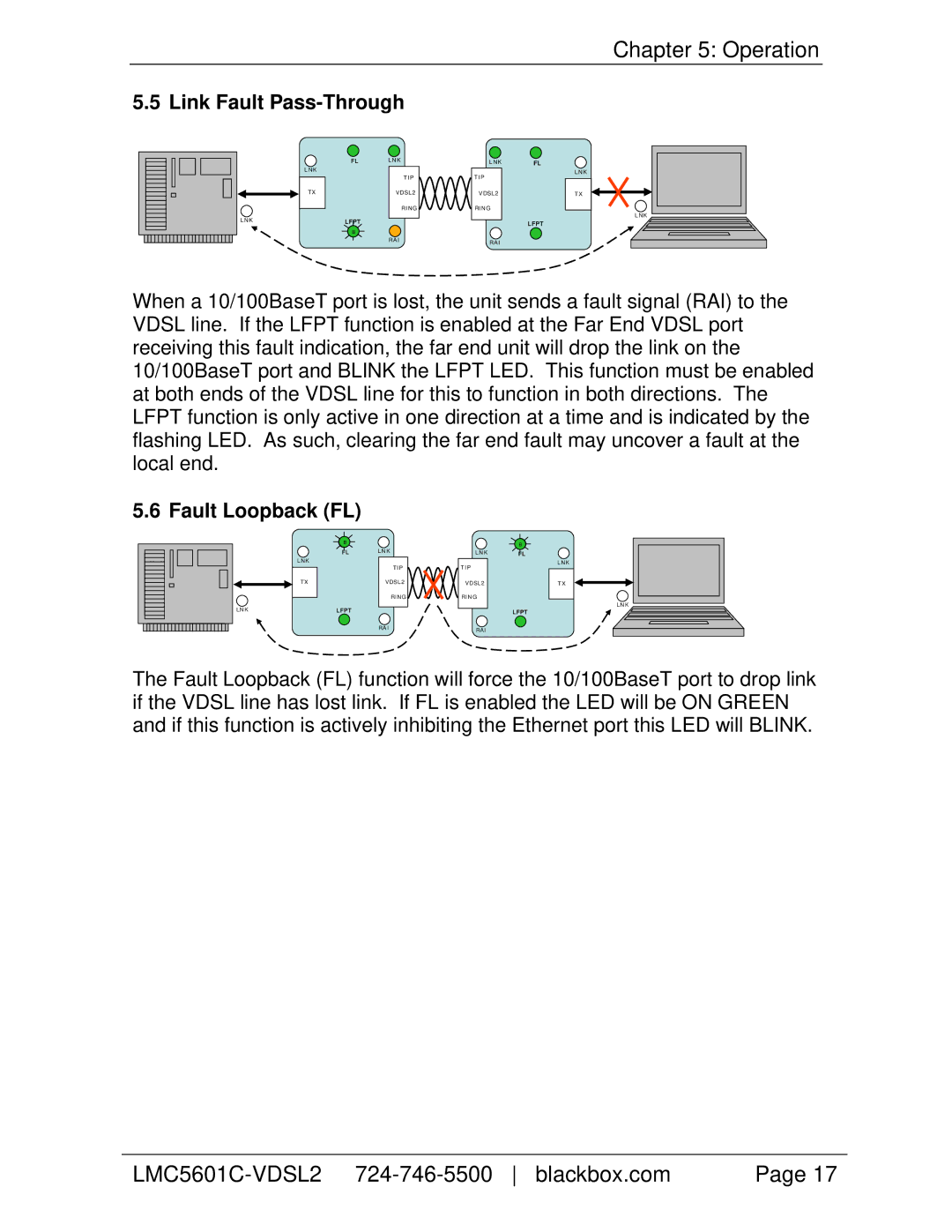 Black Box HDMCII VDSL2 LAN Extender Module (Extended Temp), LMC5601C-VDSL2 manual Link Fault Pass-Through, Fault Loopback FL 