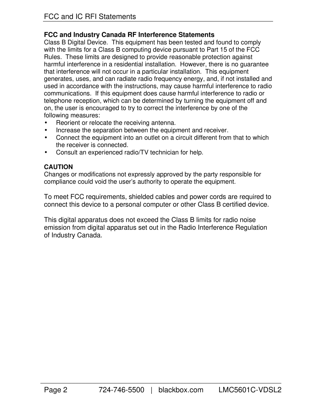 Black Box LMC5601C-VDSL2 manual FCC and IC RFI Statements, Blackbox.com, FCC and Industry Canada RF Interference Statements 