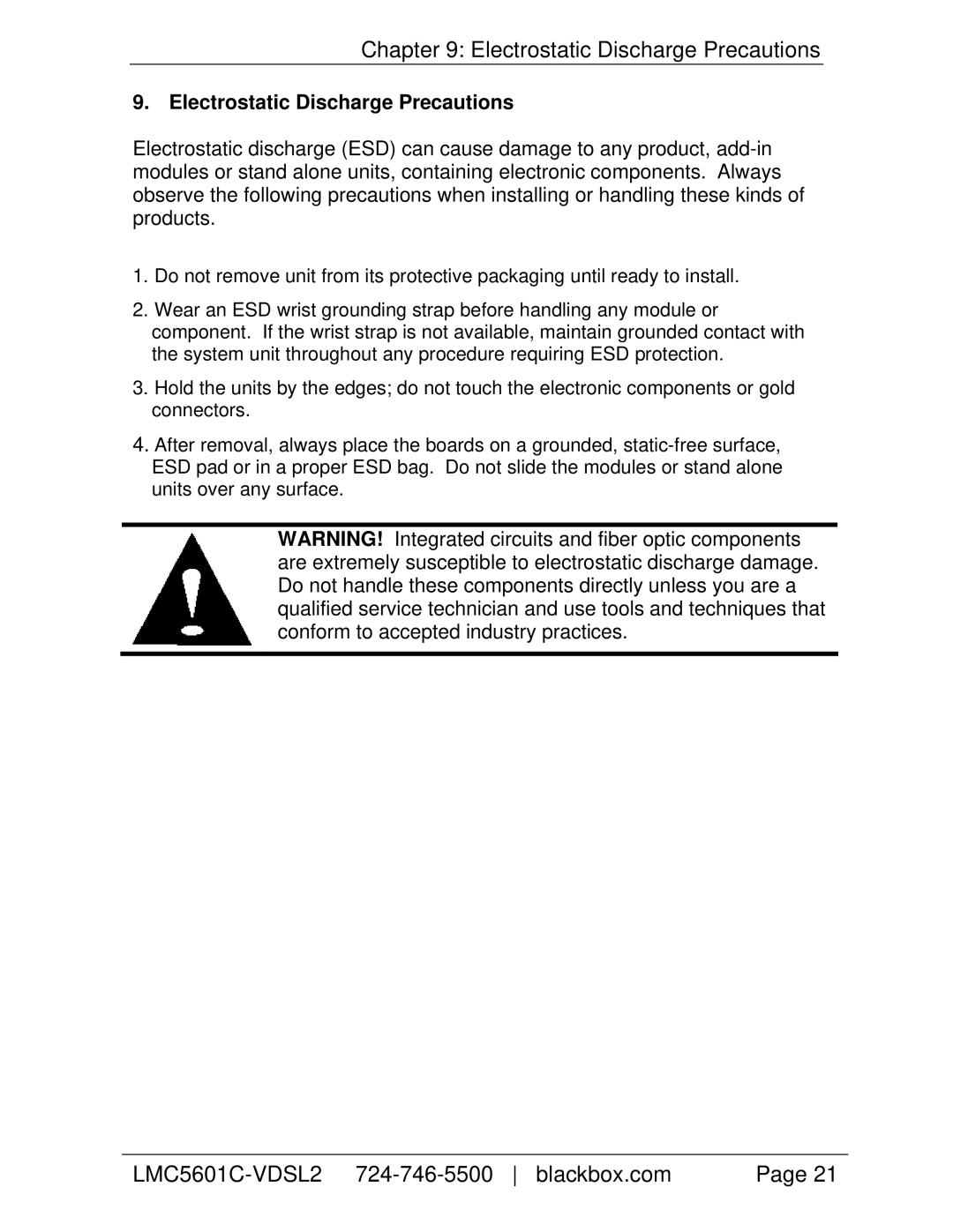 Black Box HDMCII VDSL2 LAN Extender Module (Extended Temp), LMC5601C-VDSL2 manual Electrostatic Discharge Precautions 