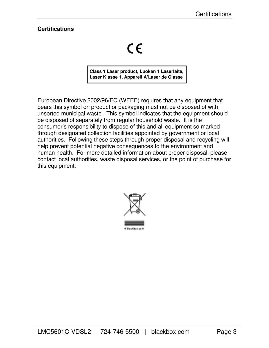 Black Box HDMCII VDSL2 LAN Extender Module (Extended Temp) manual Certifications, LMC5601C-VDSL2 724-746-5500 blackbox.com 