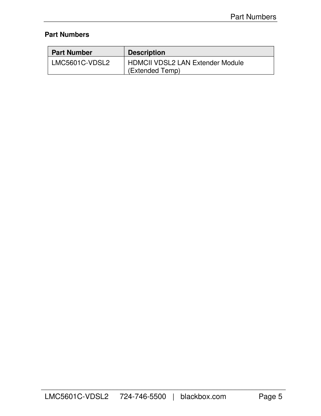 Black Box HDMCII VDSL2 LAN Extender Module (Extended Temp), LMC5601C-VDSL2 manual Part Numbers Description 