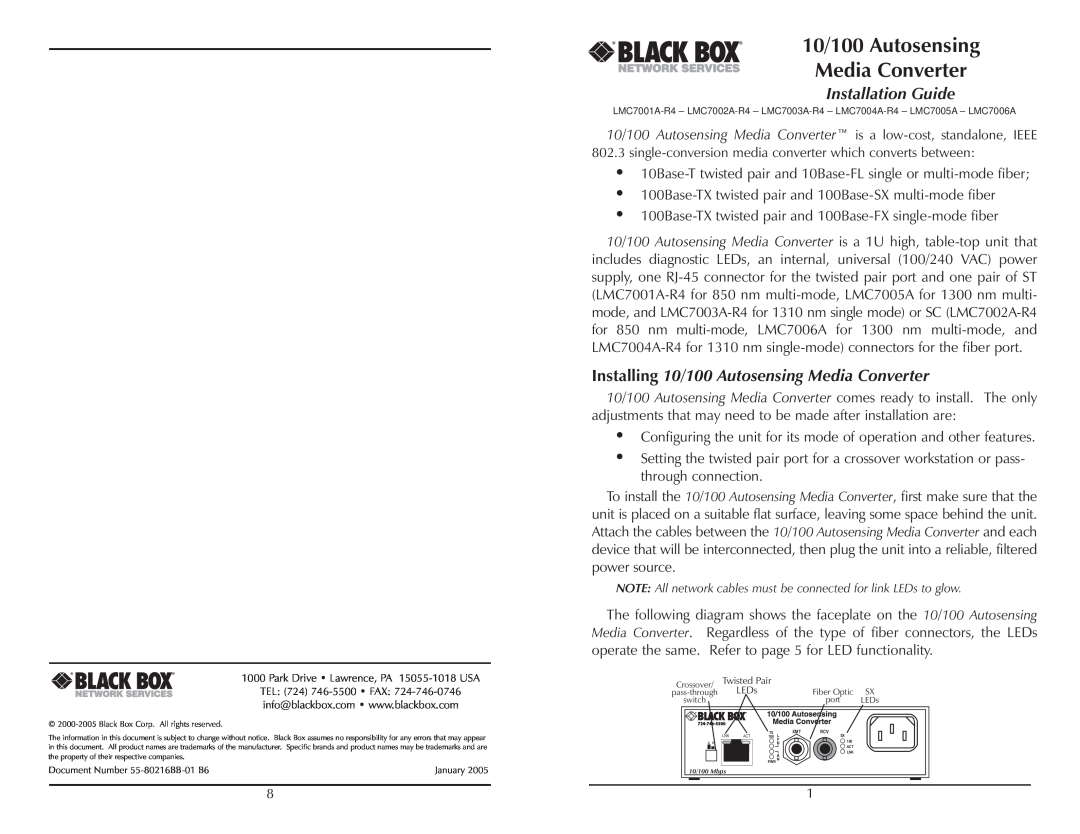 Black Box LMC7005A, LMC7006A, LMC7003A-R4 manual Installation Guide, Installing 10/100 Autosensing Media Converter 