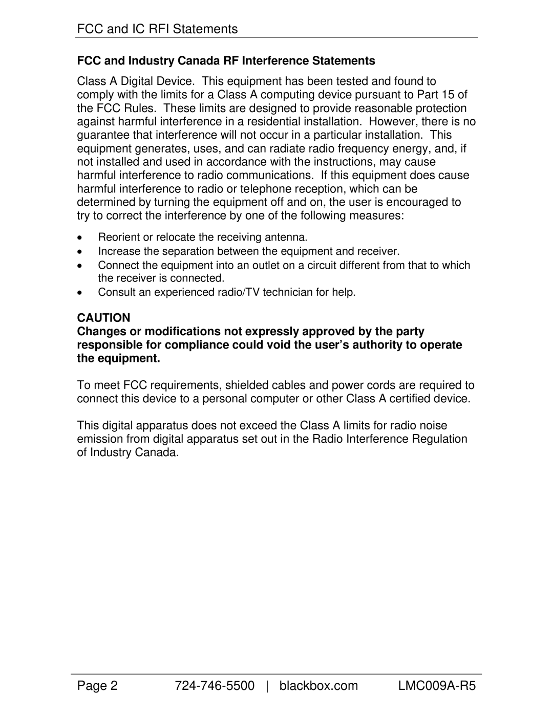 Black Box LMCD09A-FI5 manual FCC and IC RFI Statements, Blackbox.com, FCC and Industry Canada RF Interference Statements 