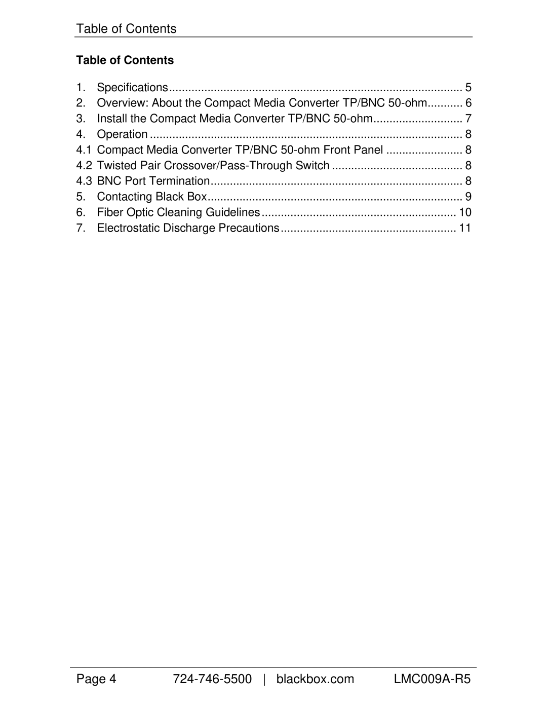 Black Box LMCD09A-FI5, Compact Media Converter TP/BNC 50-ohm manual Table of Contents 