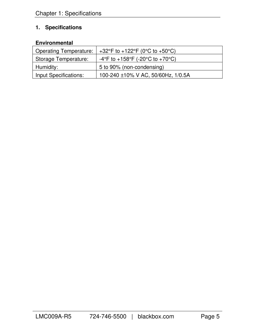 Black Box Compact Media Converter TP/BNC 50-ohm, LMCD09A-FI5 manual Specifications Environmental 