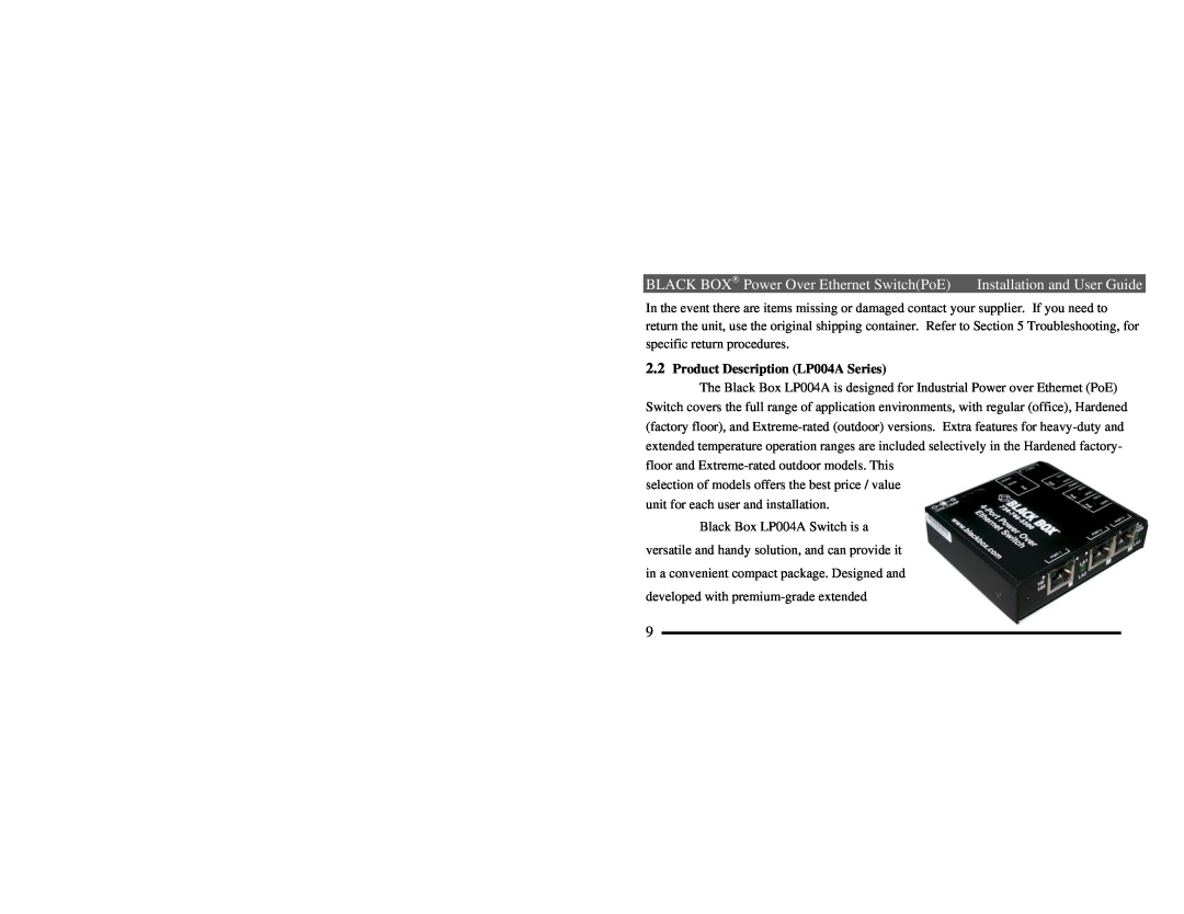 Black Box manual BLACK BOX→ Power Over Ethernet SwitchPoE Installation and User Guide, Product Description LP004A Series 