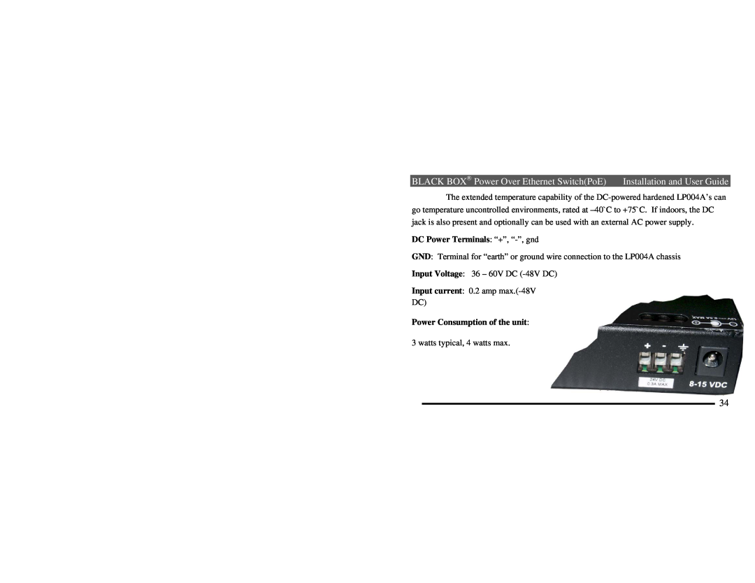 Black Box LP004A BLACK BOX→ Power Over Ethernet SwitchPoE Installation and User Guide, DC Power Terminals “+”, “-”, gnd 
