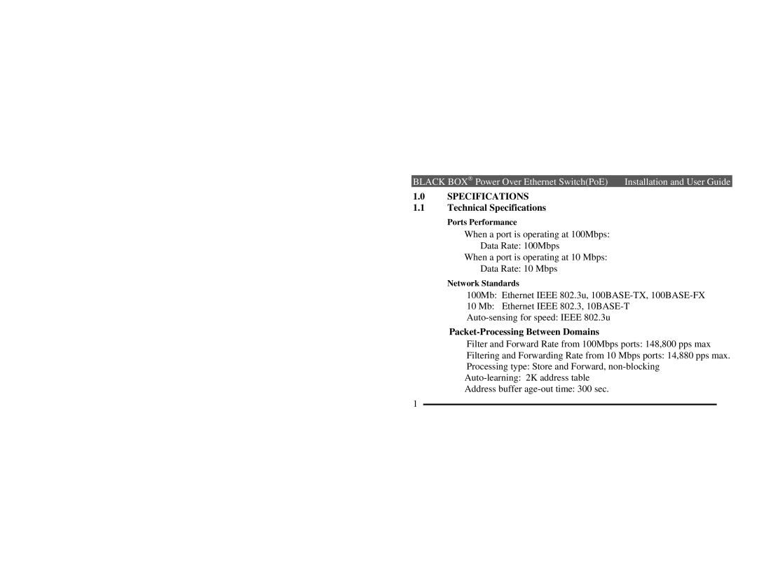 Black Box LP004A manual Ports Performance, Network Standards 