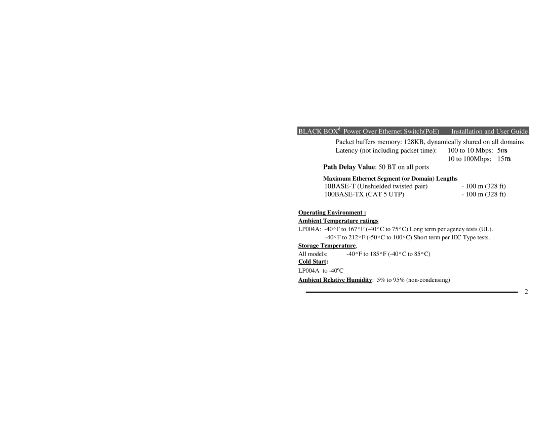 Black Box LP004A Maximum Ethernet Segment or Domain Lengths, Operating Environment Ambient Temperature ratings, Cold Start 