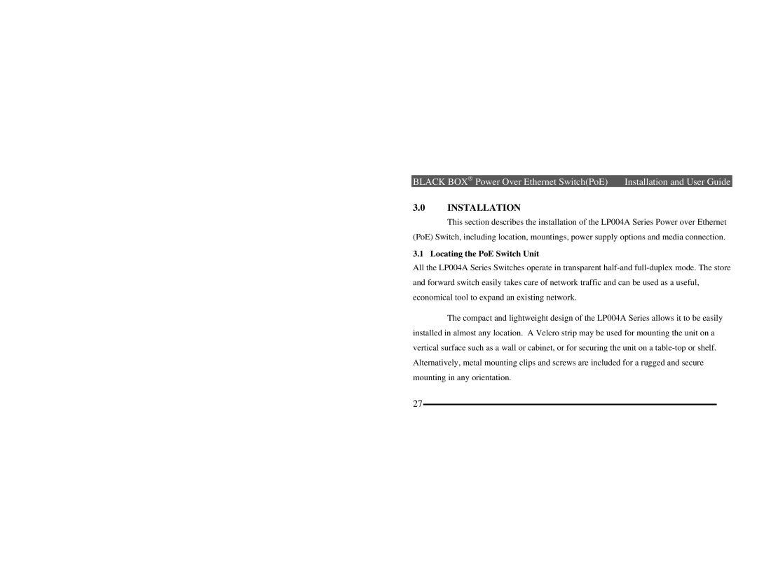Black Box LP004A manual Locating the PoE Switch Unit 