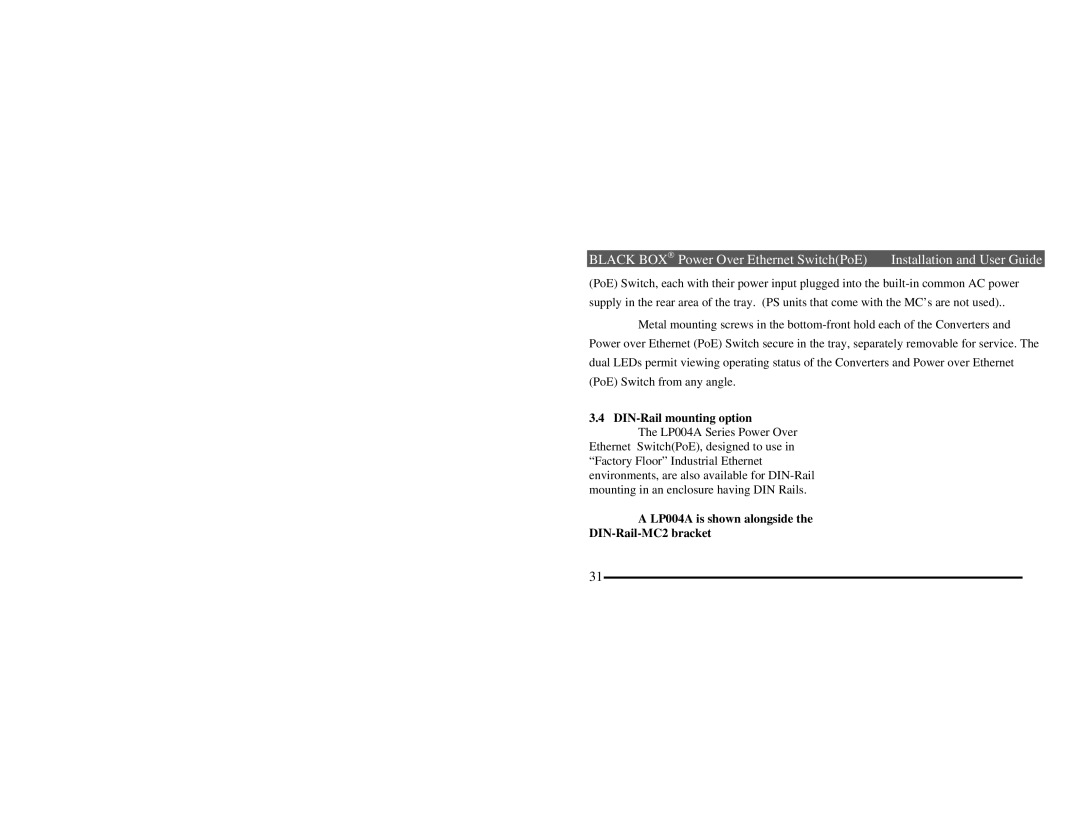 Black Box manual DIN-Rail mounting option, LP004A is shown alongside DIN-Rail-MC2 bracket 