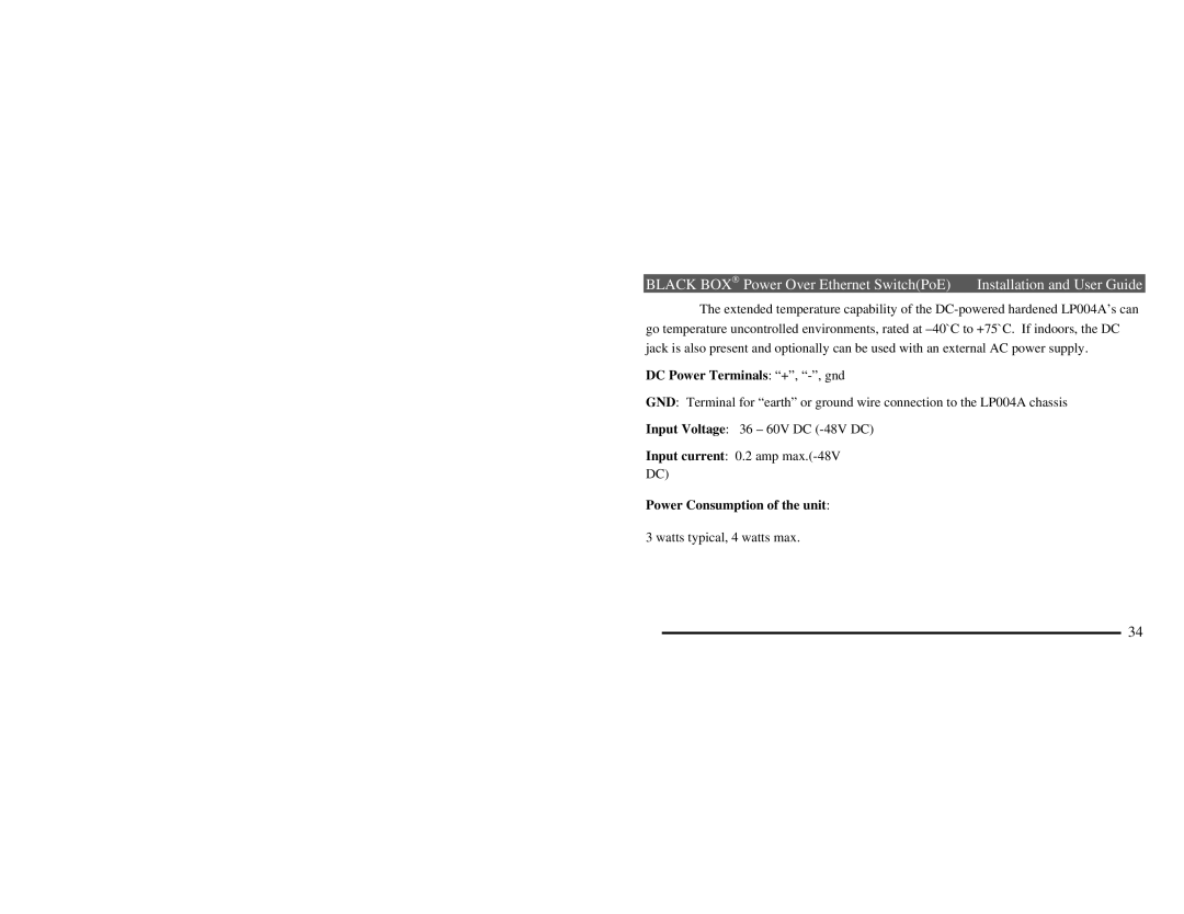 Black Box LP004A manual DC Power Terminals +, -, gnd, Power Consumption of the unit 