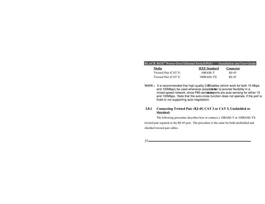 Black Box LP004A manual Media Ieee Standard Connector 