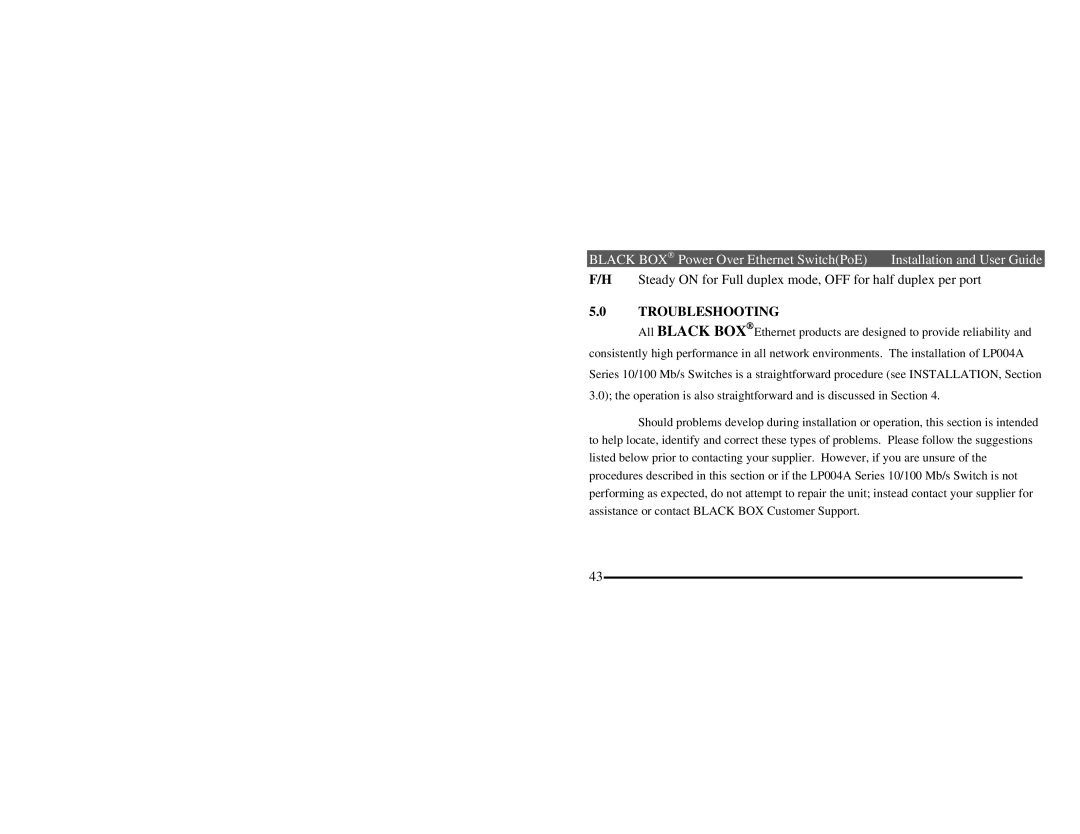 Black Box LP004A manual Troubleshooting 