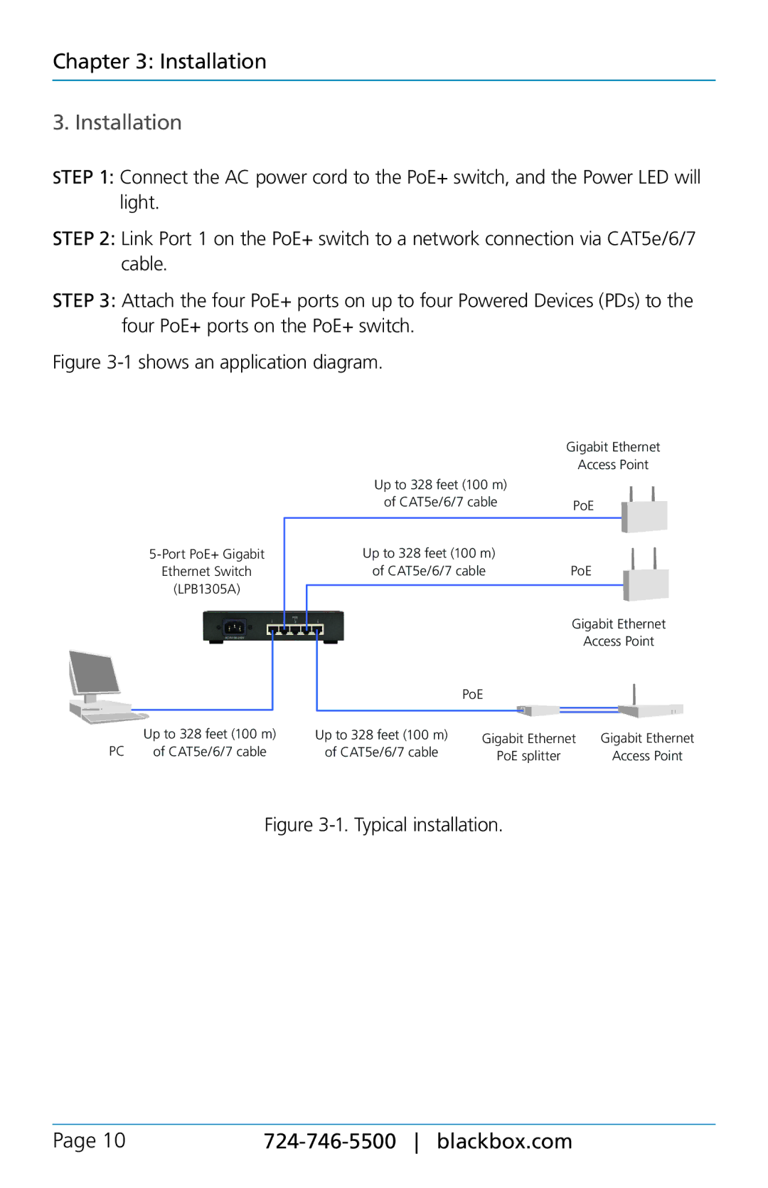 Black Box LPB1305A, 5-Port POE+ Gigabit Ethernet Switch user manual Installation 