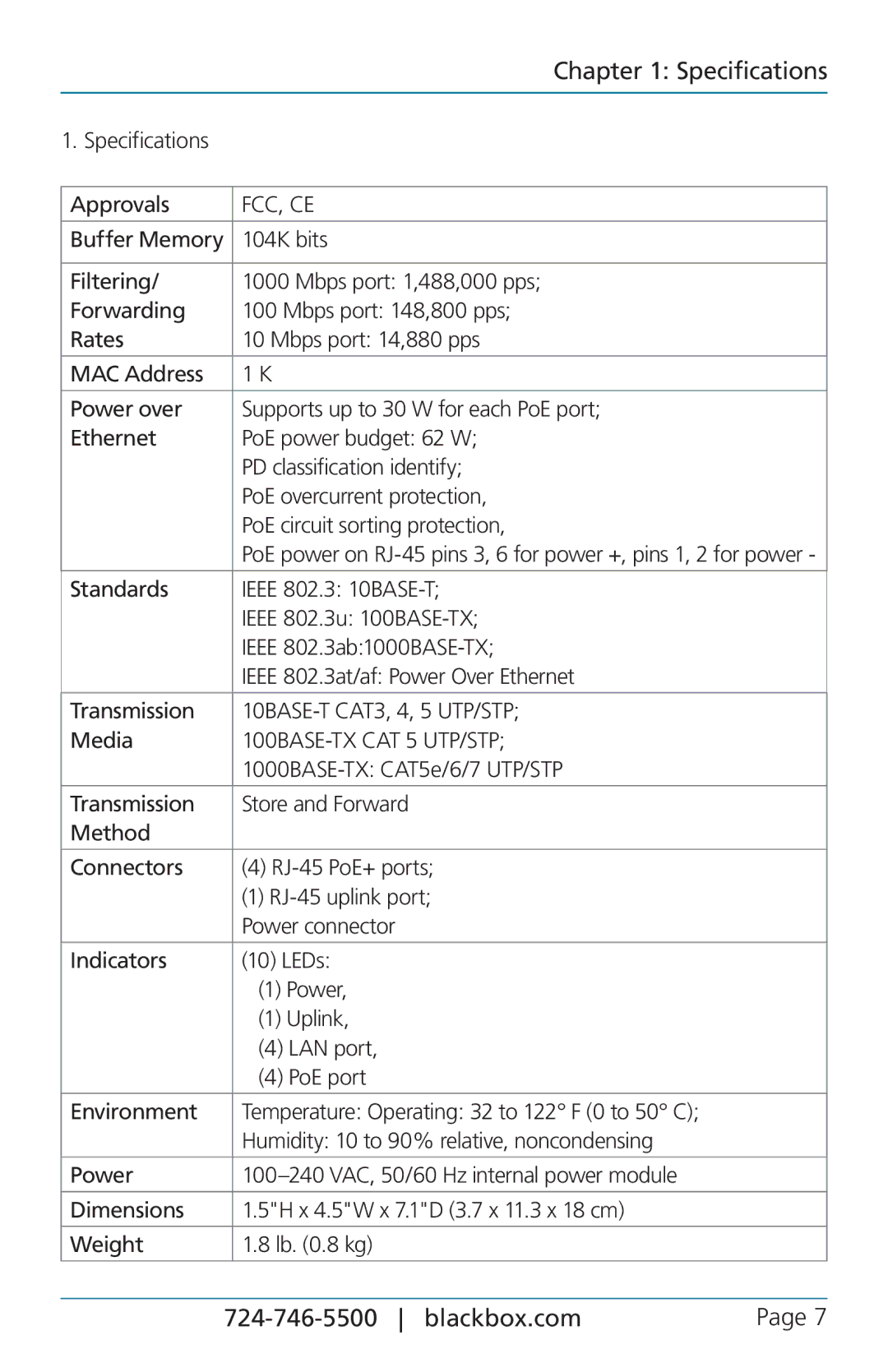 Black Box 5-Port POE+ Gigabit Ethernet Switch, LPB1305A user manual Specifications, Fcc, Ce 