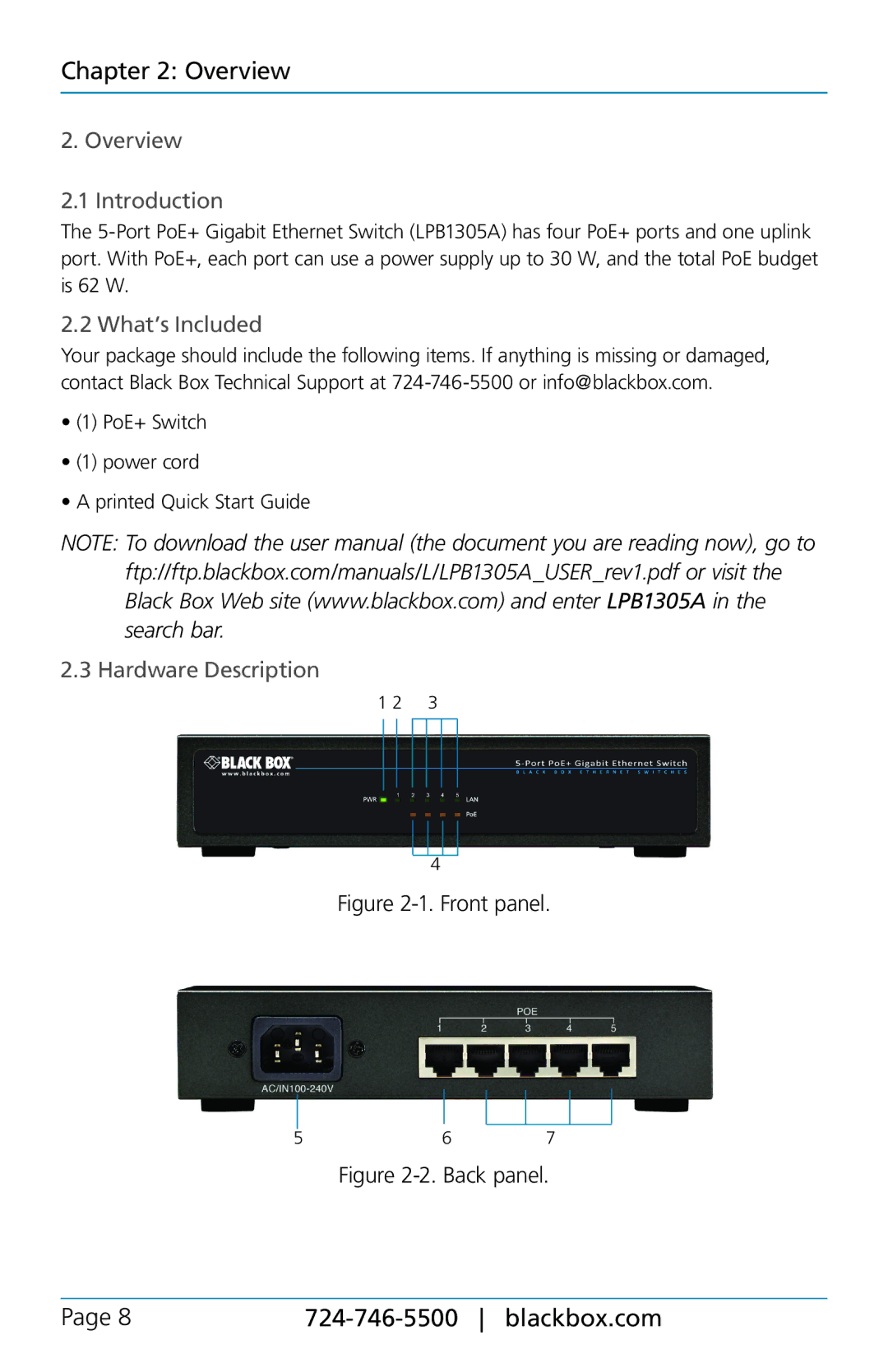 Black Box LPB1305A, 5-Port POE+ Gigabit Ethernet Switch Overview Introduction, What’s Included, Hardware Description 