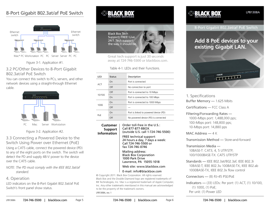 Black Box LPB1308A specifications PC/Other Devices to 8-Port Gigabit 802.3at/af PoE Switch, Specifications, Operation 