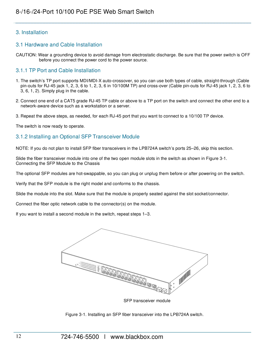 Black Box LPB724A, LPB716A, LPB708A manual Installing an Optional SFP Transceiver Module 