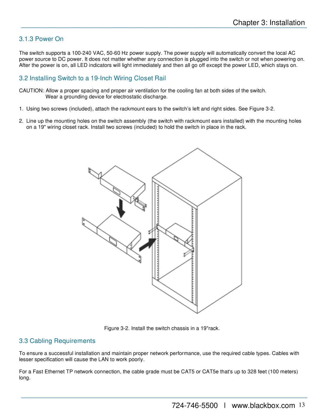 Black Box LPB716A, LPB724A Installation, Power On, Installing Switch to a 19-Inch Wiring Closet Rail, Cabling Requirements 