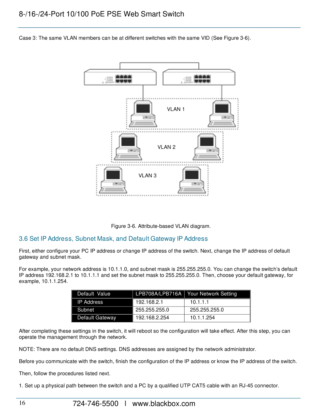 Black Box LPB724A manual Set IP Address, Subnet Mask, and Default Gateway IP Address, LPB708A/LPB716A 