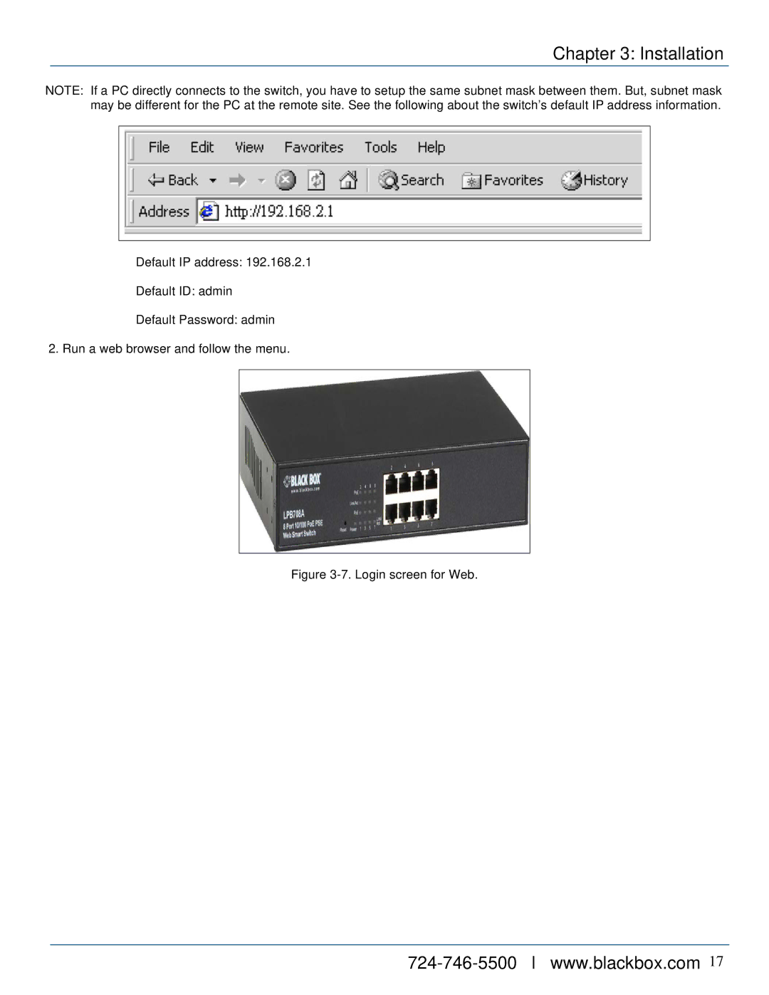 Black Box LPB716A, LPB724A, LPB708A, 8-/16-/24-Port 10/100 PoE PSE Web Smart Switch manual Login screen for Web 