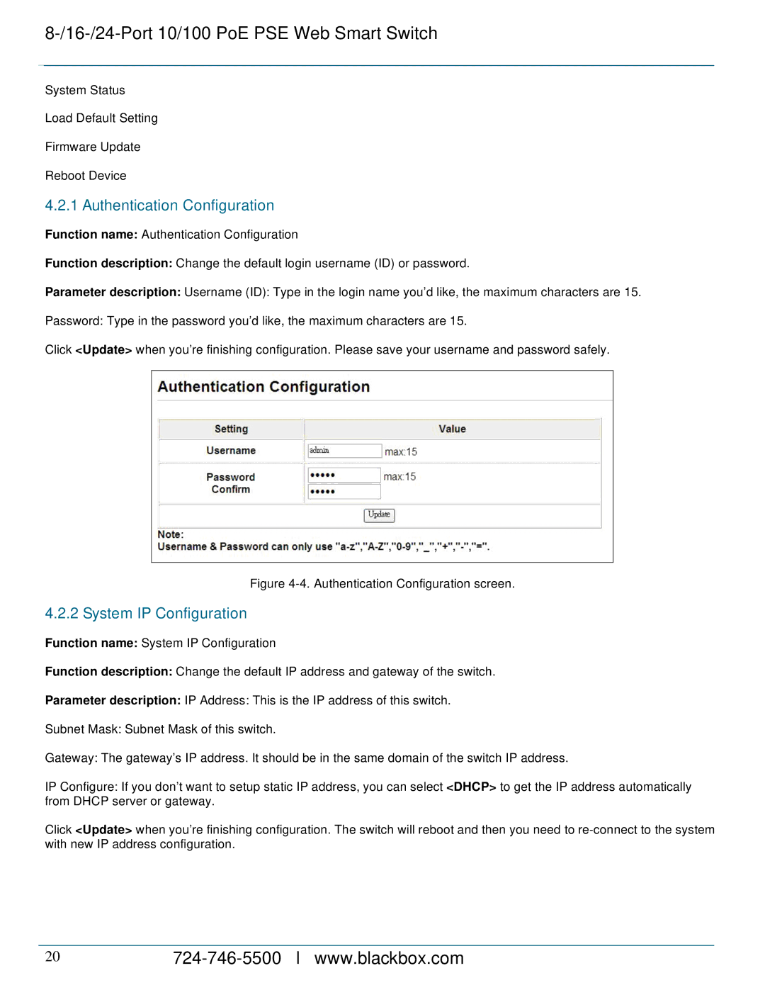 Black Box LPB724A, LPB716A, LPB708A manual Authentication Configuration, System IP Configuration 