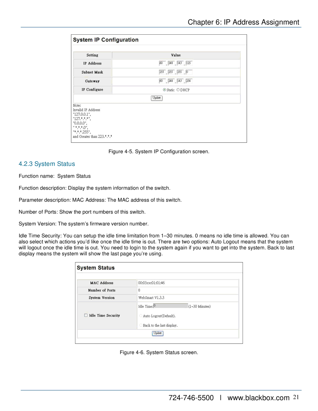 Black Box LPB716A, LPB724A, LPB708A manual System Status, System IP Configuration screen 