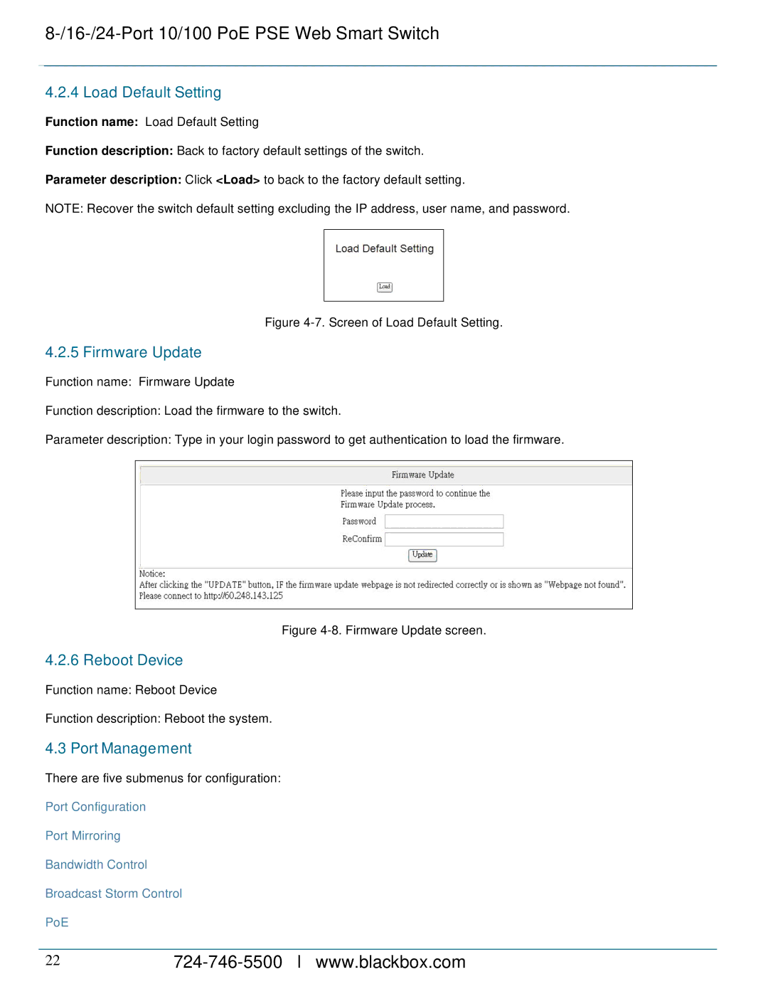 Black Box LPB708A, LPB724A, LPB716A manual Load Default Setting, Firmware Update, Reboot Device, Port Management 