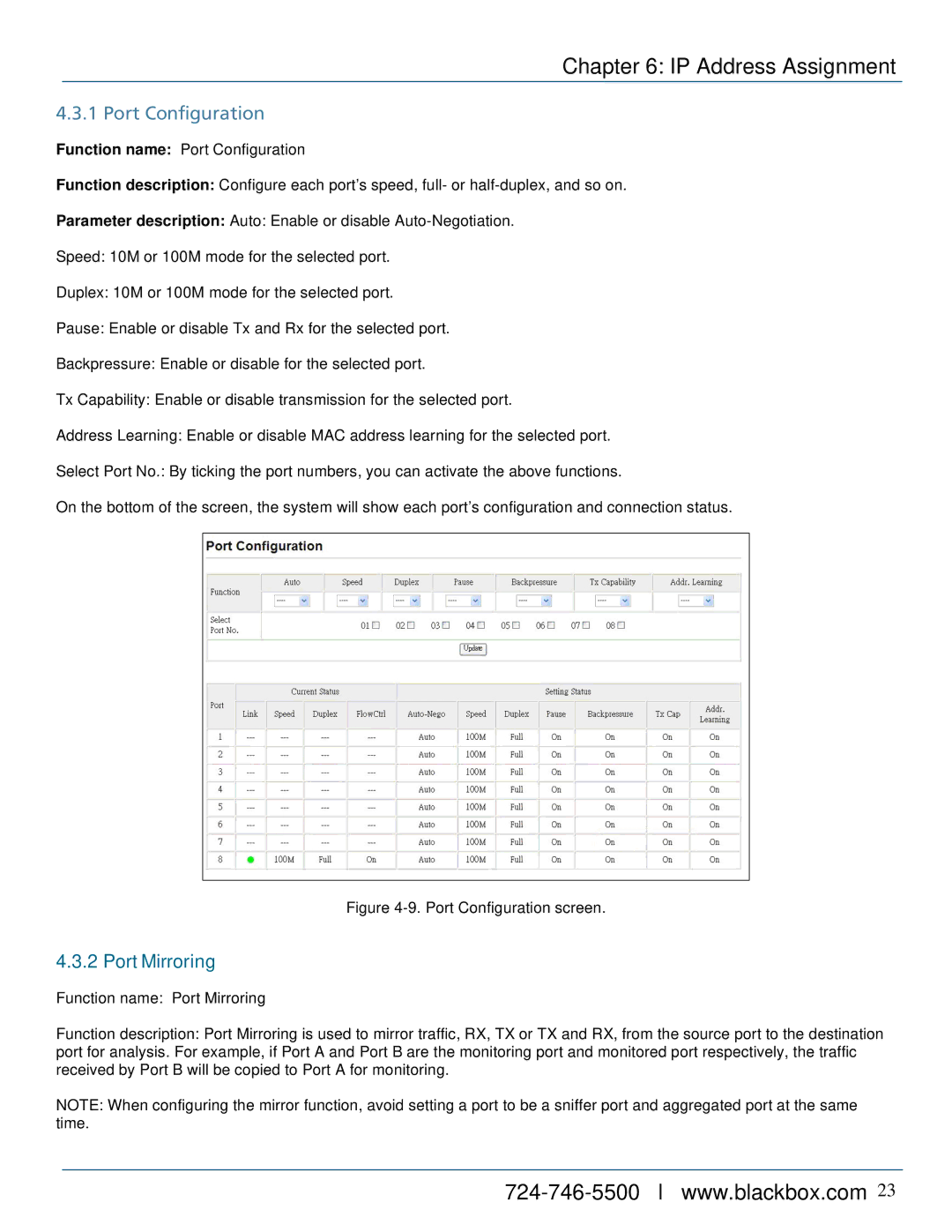 Black Box 8-/16-/24-Port 10/100 PoE PSE Web Smart Switch, LPB724A, LPB716A, LPB708A manual Port Configuration, Port Mirroring 