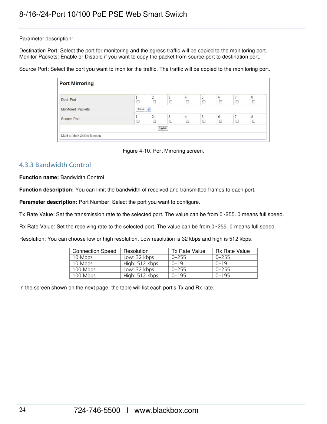 Black Box LPB724A, LPB716A, LPB708A, 8-/16-/24-Port 10/100 PoE PSE Web Smart Switch Bandwidth Control, Port Mirroring screen 