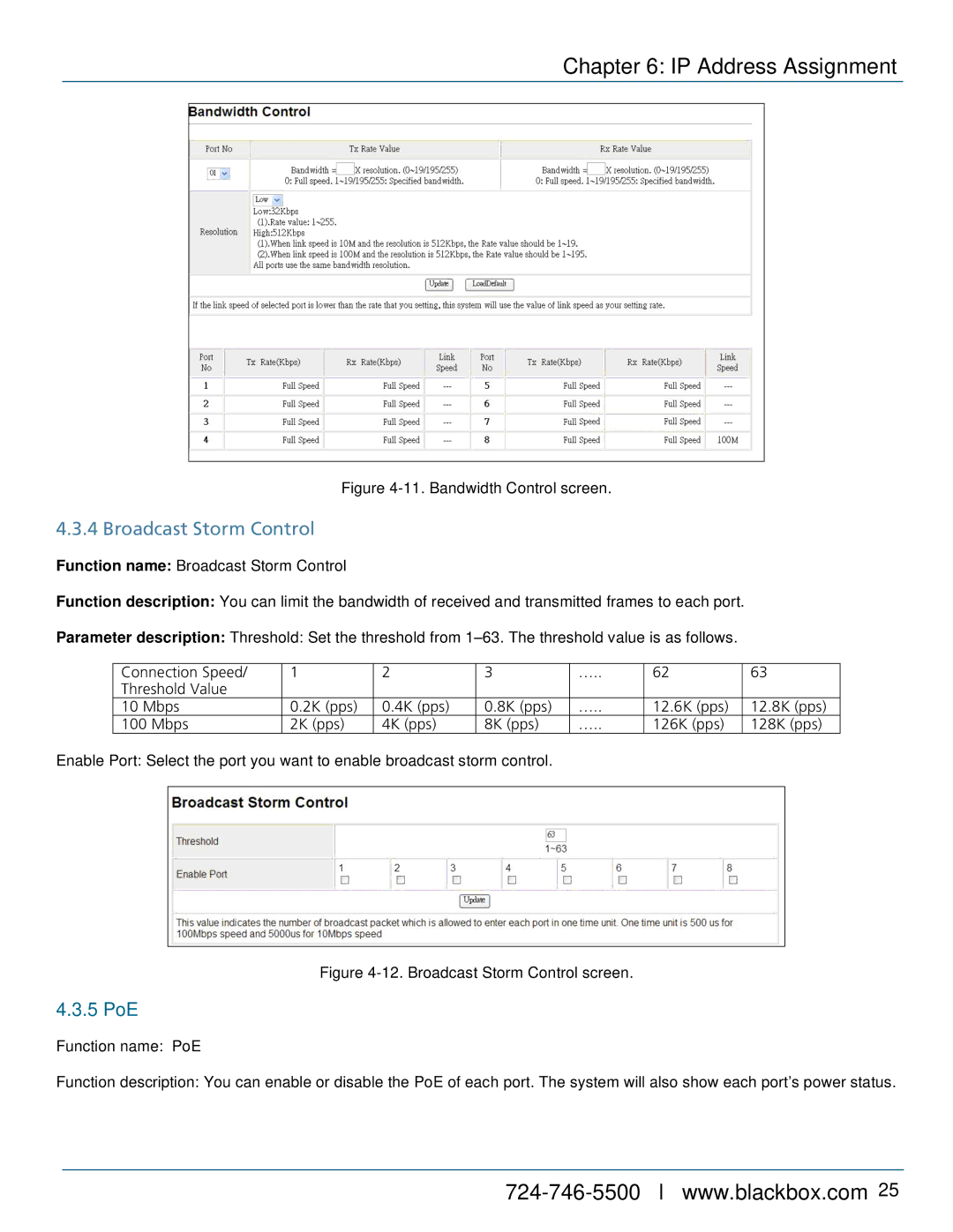 Black Box LPB716A, LPB724A, LPB708A, 8-/16-/24-Port 10/100 PoE PSE Web Smart Switch manual Broadcast Storm Control, 5 PoE 