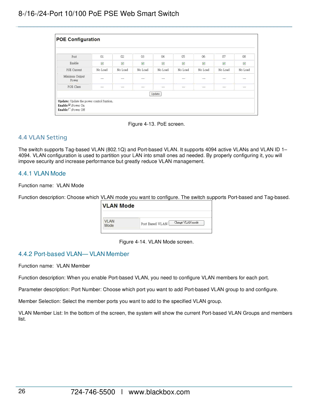 Black Box LPB708A, LPB724A, LPB716A manual Vlan Setting, Vlan Mode, Port-based VLAN- Vlan Member 