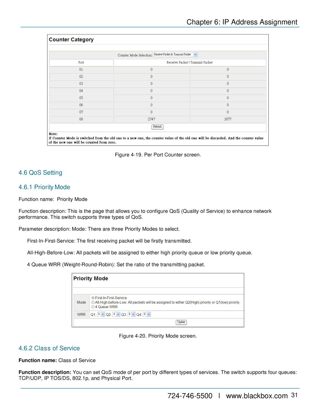 Black Box 8-/16-/24-Port 10/100 PoE PSE Web Smart Switch, LPB724A, LPB716A manual QoS Setting Priority Mode, Class of Service 