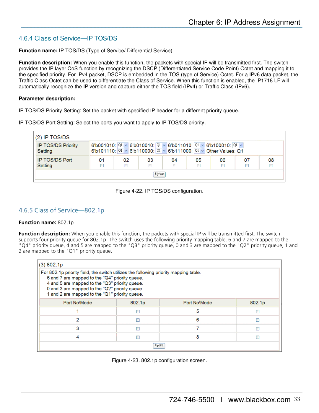 Black Box LPB716A, LPB724A, LPB708A manual Class of Service-IP TOS/DS, Class of Service-802.1p 