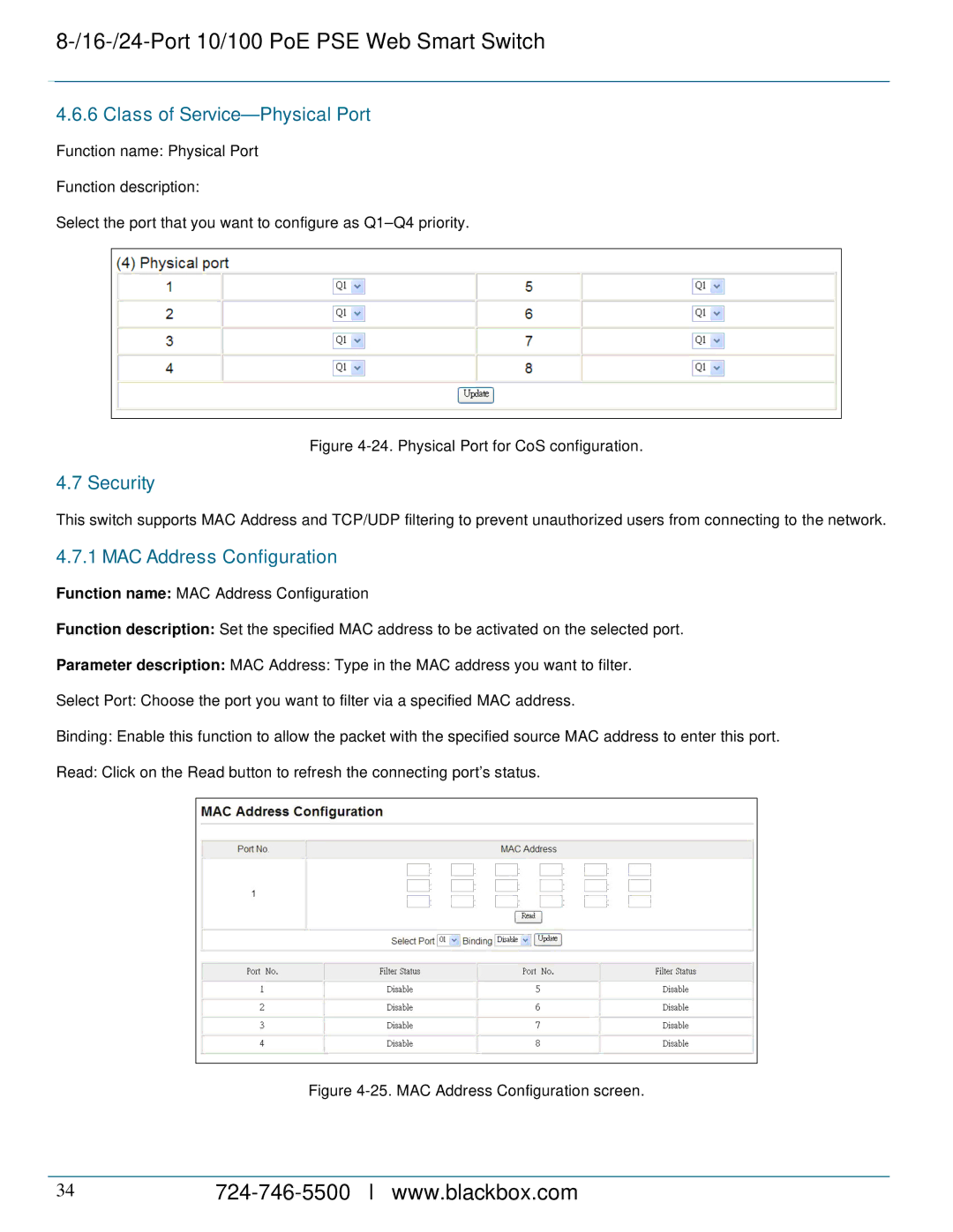 Black Box LPB708A, LPB724A, LPB716A manual Class of Service-Physical Port, Security, MAC Address Configuration 