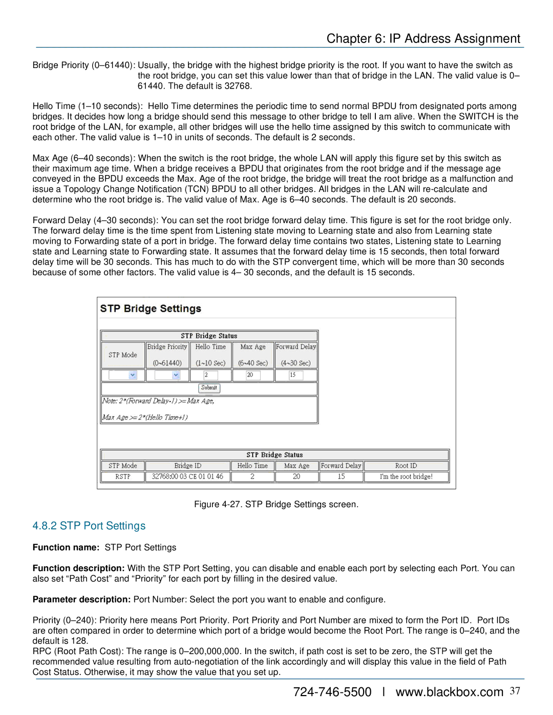 Black Box LPB716A, LPB724A, LPB708A manual STP Port Settings, STP Bridge Settings screen 