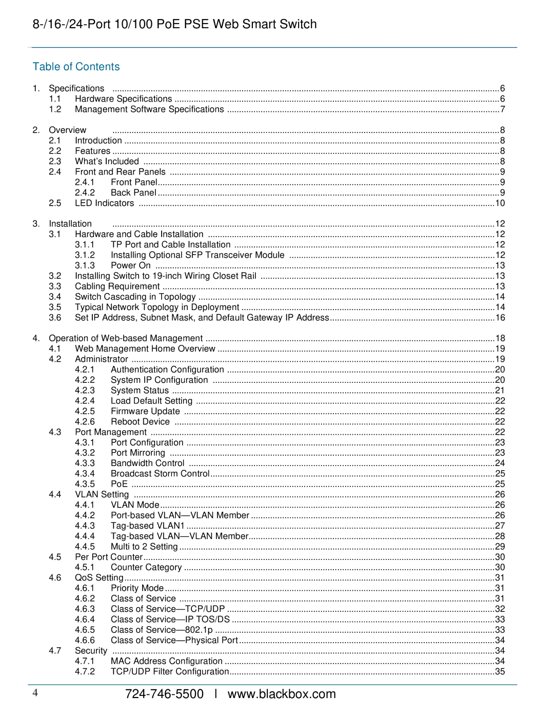 Black Box LPB724A, LPB716A, LPB708A, 8-/16-/24-Port 10/100 PoE PSE Web Smart Switch manual Table of Contents 