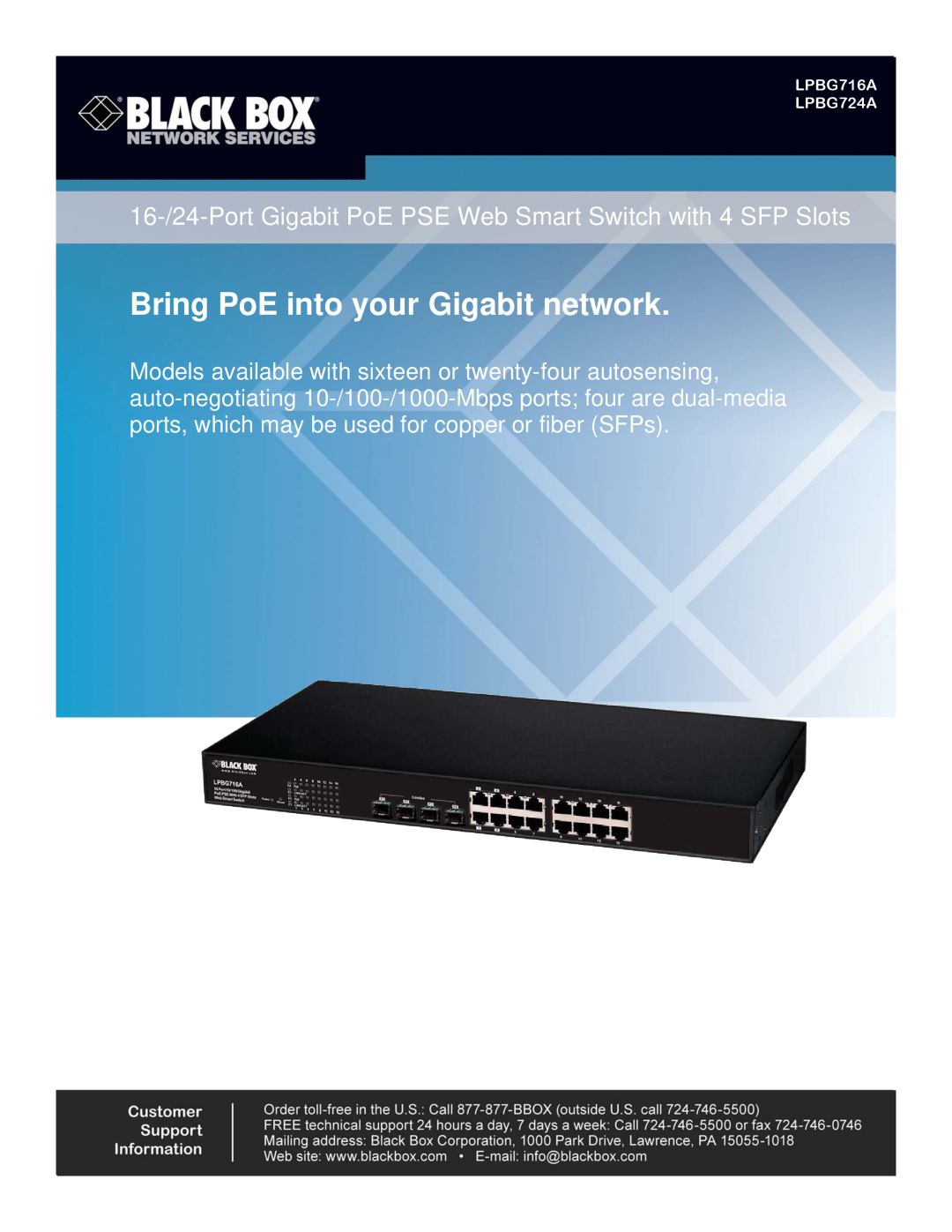 Black Box manual Bring PoE into your Gigabit network, LPBG716A LPBG724A 
