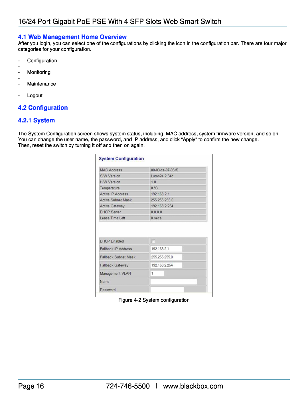 Black Box LPBG716A, LPBG724A manual Web Management Home Overview, 4.2Configuration 4.2.1 System, Page 